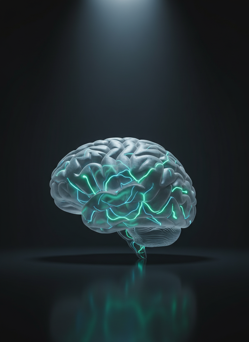 A high-resolution, photographic illustration of a translucent, stylized human brain model made of frosted glass resting on a reflective black surface. Within the brain, glowing pathways in soft blues and greens trace neural networks, symbolizing cognitive performance and neuroscience education. The setting is a dark, minimal studio environment with a single cool-toned spotlight from above, creating dramatic highlights on the brain’s curves and subtle reflections beneath. The background fades into deep charcoal with a gentle gradient. Shot at a slightly low angle with centered composition, the mood is scientific, precise, and forward-looking, representing evidence-based approaches to human performance and behavioral wellness.
