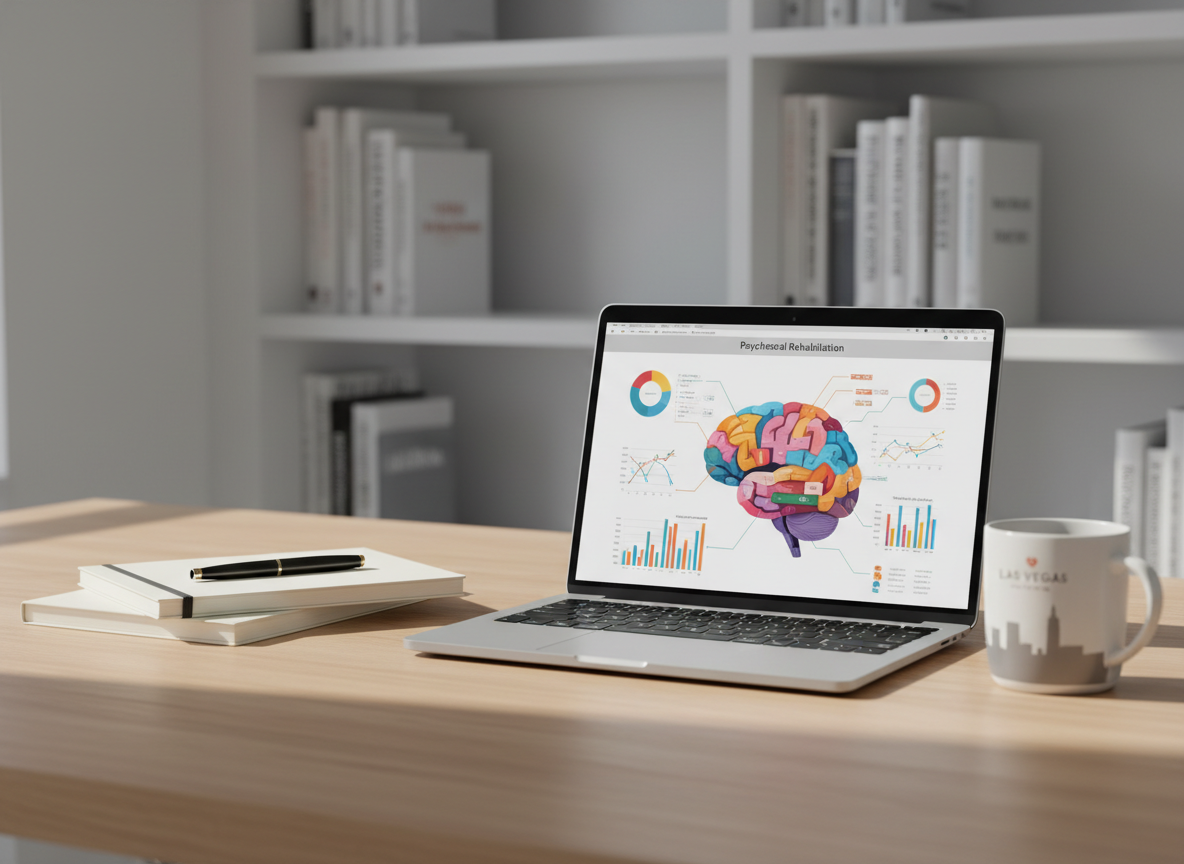 A neatly arranged modern workspace featuring an open laptop displaying a colorful brain diagram and data charts related to psychosocial rehabilitation, resting on a light oak desk with a matte finish. Around it are organized notebooks, a sleek pen, and a ceramic mug with a subtle Las Vegas skyline design. Soft, diffused daylight enters from an unseen window, creating gentle reflections on the laptop screen and faint shadows across the desk. The background is softly blurred, showing minimalist shelving with psychology and neuroscience books. Photographic realism, eye-level composition with a shallow depth of field, conveying a professional, calm, and focused atmosphere suitable for a mental wellness and performance website.