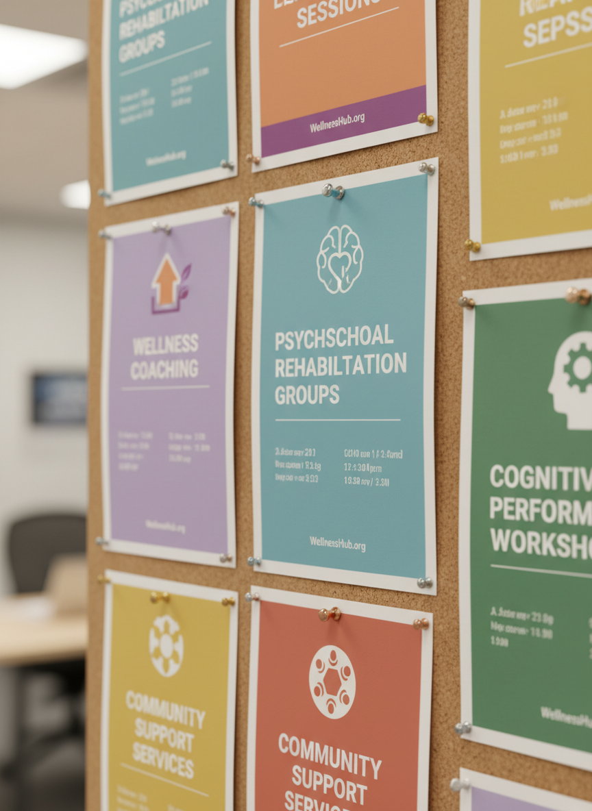 A detailed close-up of a bulletin board dedicated to community mental wellness, covered with colorful but tastefully designed flyers about psychosocial rehabilitation groups, wellness coaching sessions, cognitive performance workshops, and community support services. Each flyer has clear typography and icons of brains, hearts, and growth arrows, pinned with metallic pushpins onto a natural cork surface. Soft overhead indoor lighting creates warm, even illumination with subtle shadows beneath the paper edges. The background falls into gentle blur, suggesting a professional office environment. Photographic realism, shot straight on with sharp focus on the central flyers, conveying a sense of organized support, evidence-based practice, and accessible community resources.